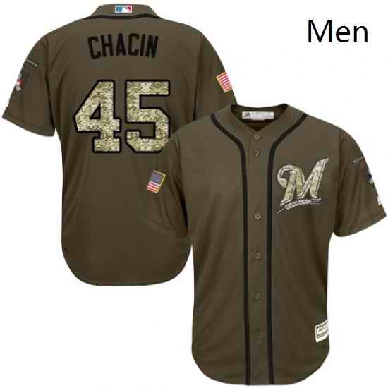 Mens Majestic Milwaukee Brewers 45 Jhoulys Chacin Replica Green Salute to Service MLB Jersey